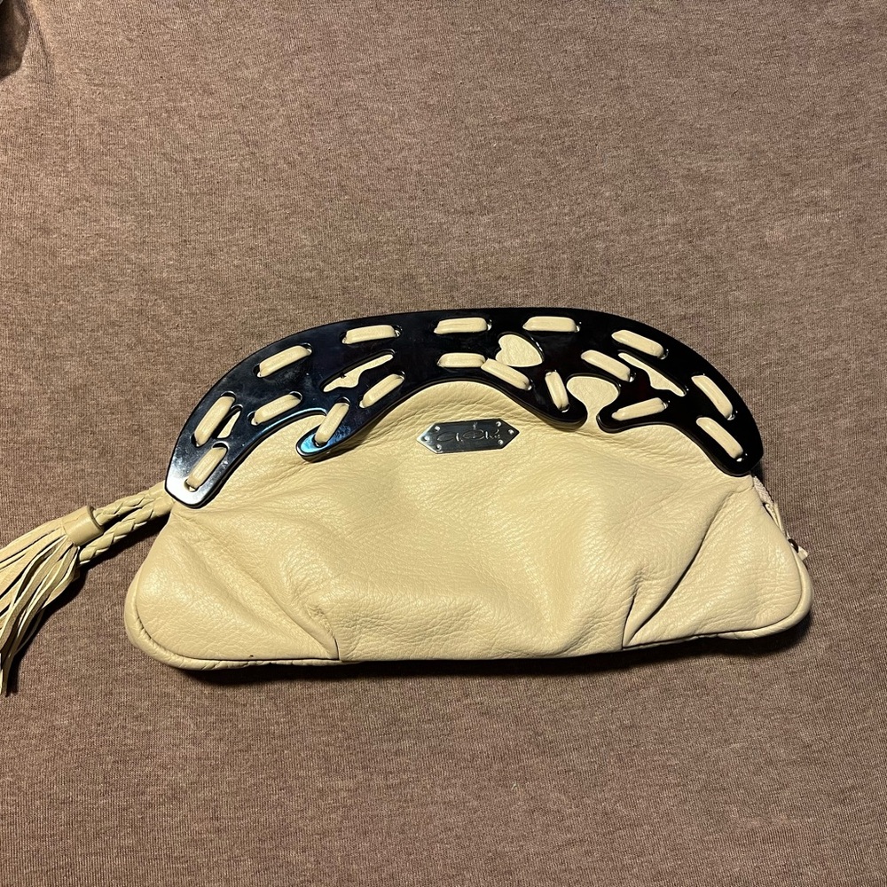 A.Che Beige Leather Clutch with Black Cutout Accent